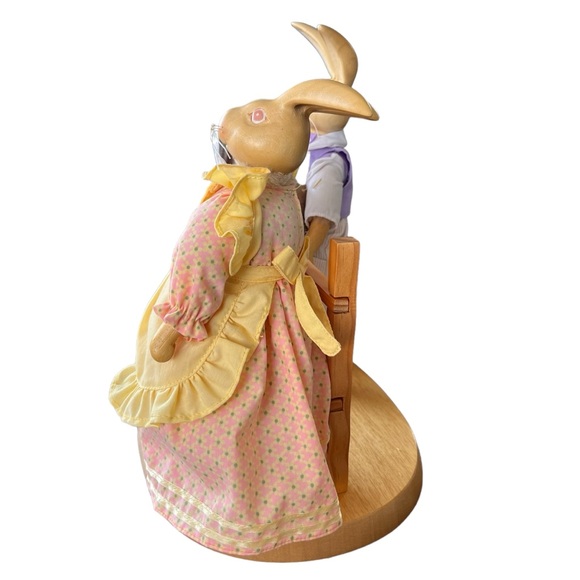 Raikes Originals THE HOPKINS Wood Carved Rabbit Couple w/ Fenced Stand Figures - Picture 4 of 13